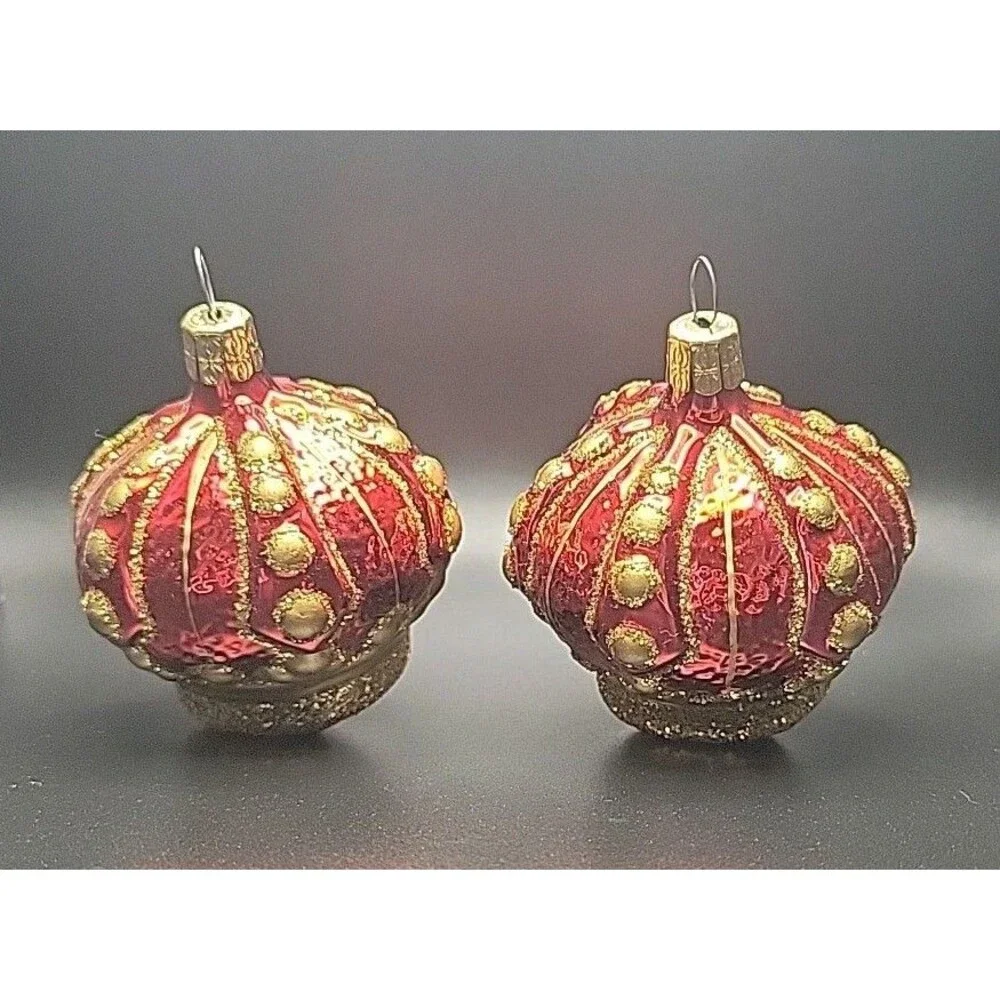 Vtg Czech Republic Blown Glass Crown Christmas Ornaments Red Gold Set of 2 EUC